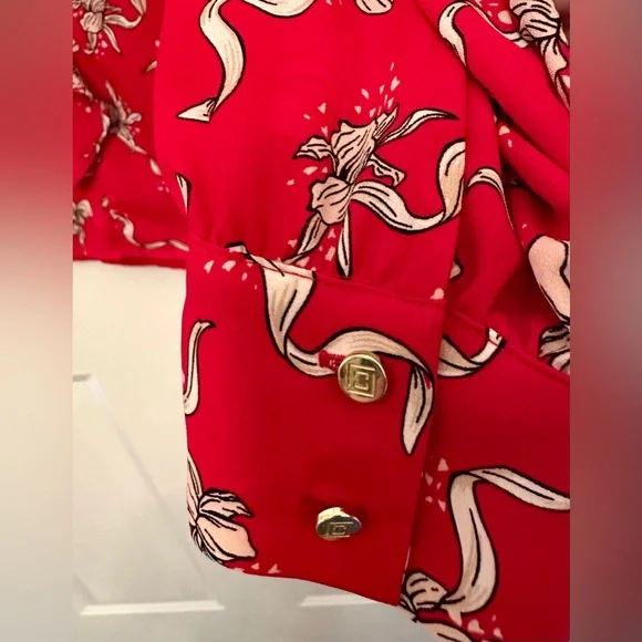 Liz Claiborne Red Floral Ruffle Blouse Long Sleeve Work Top Size M - Picture 4 of 9